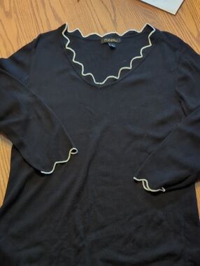 Roz & Ali Black V-Neck Sweater with Cream Ruffle Trim